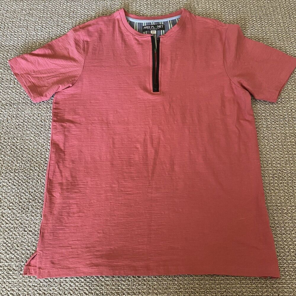 Free Planet Mens Shirt Medium Pink Red Short Sleeve 1/4 Zip Solid Casual Shirt